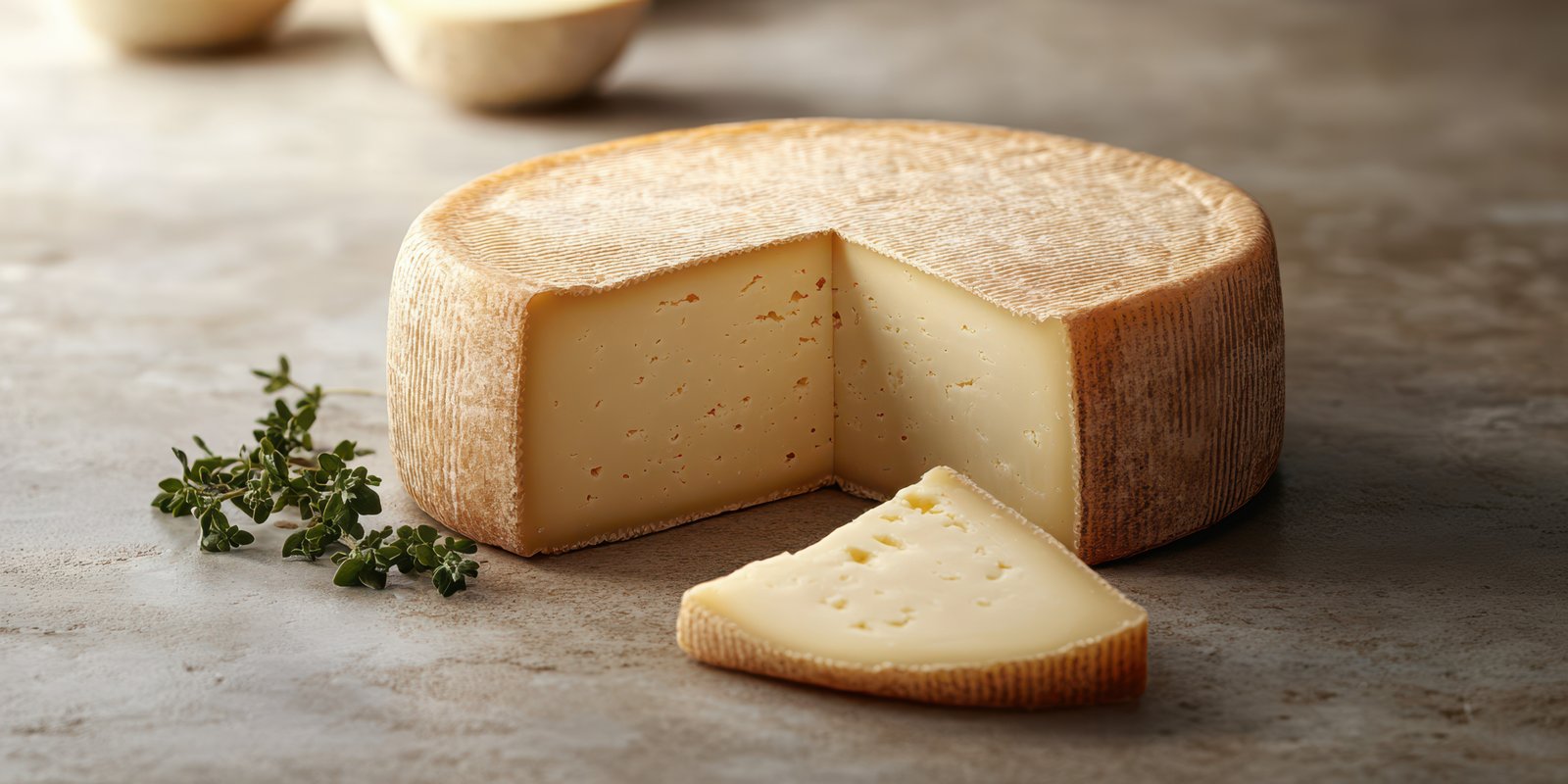 Delicious cheese wheel with a slice and fresh herbs on a rustic surface